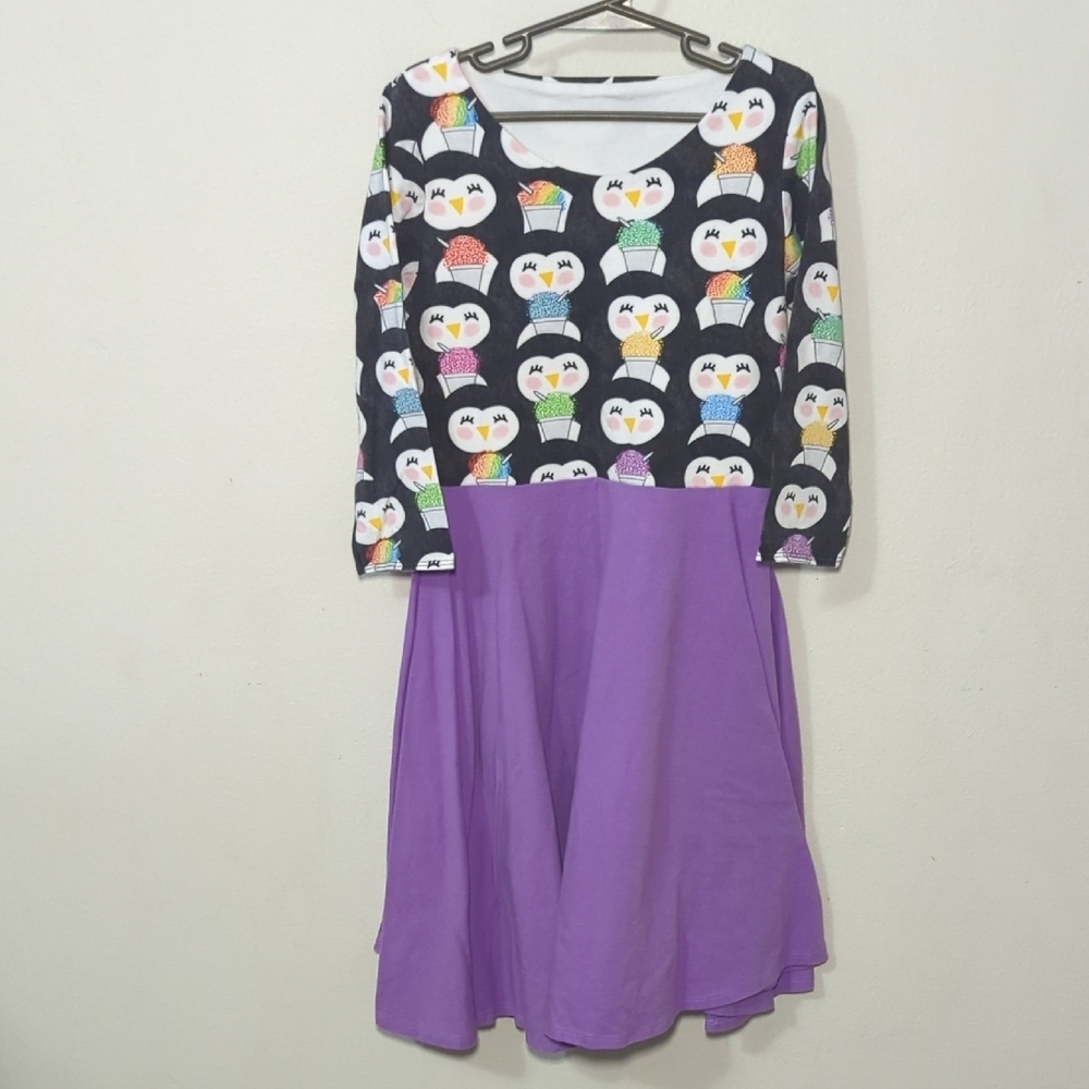 Malia + Kai Penguin Cones Bridget Dress Black Purple 3/4 Sleeves Girls Size 10